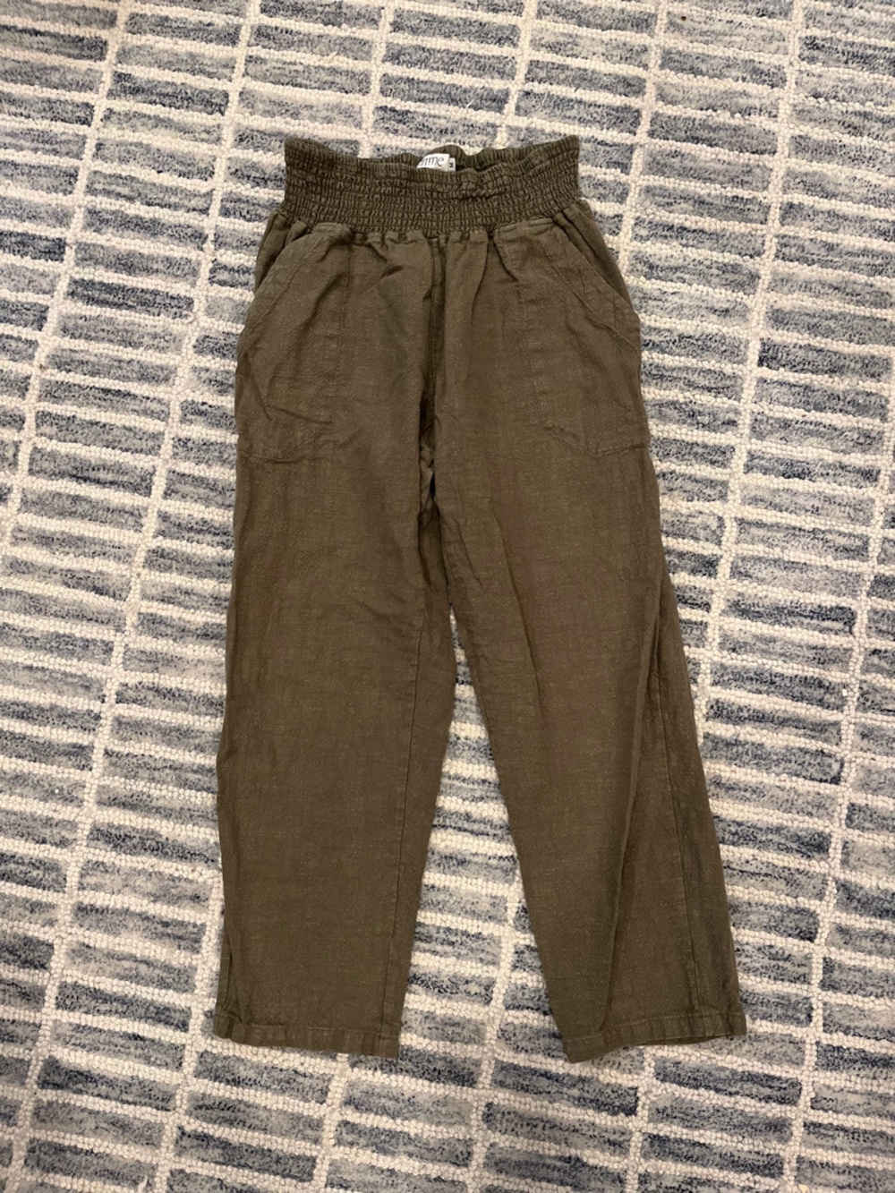 Emme Olive Green 100% Linen Smocked Waist Wide Leg Pants Size Medium